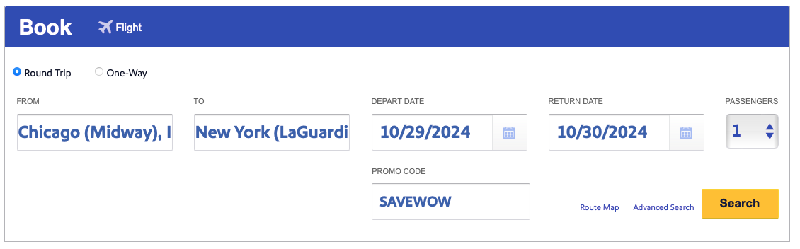 southwest booking page