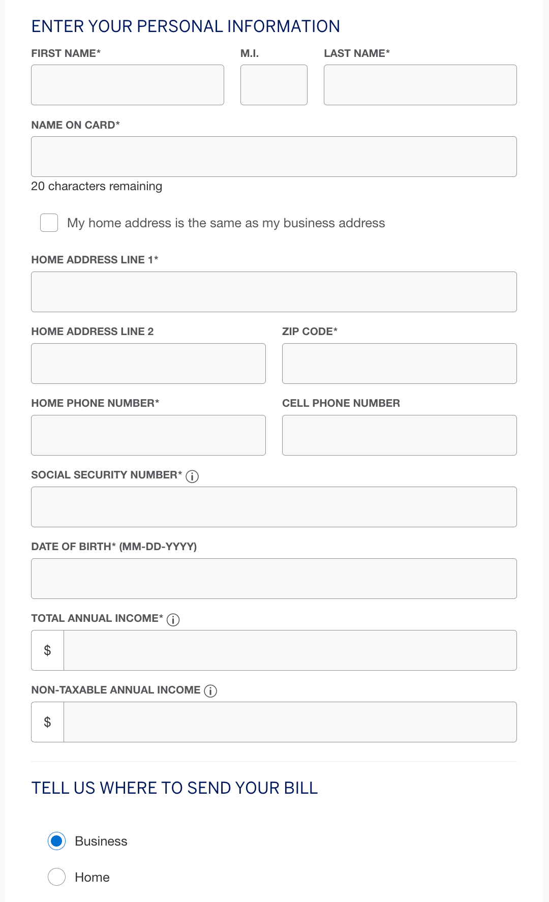 American Express Business Platinum application with fields for the applicant's personal information.