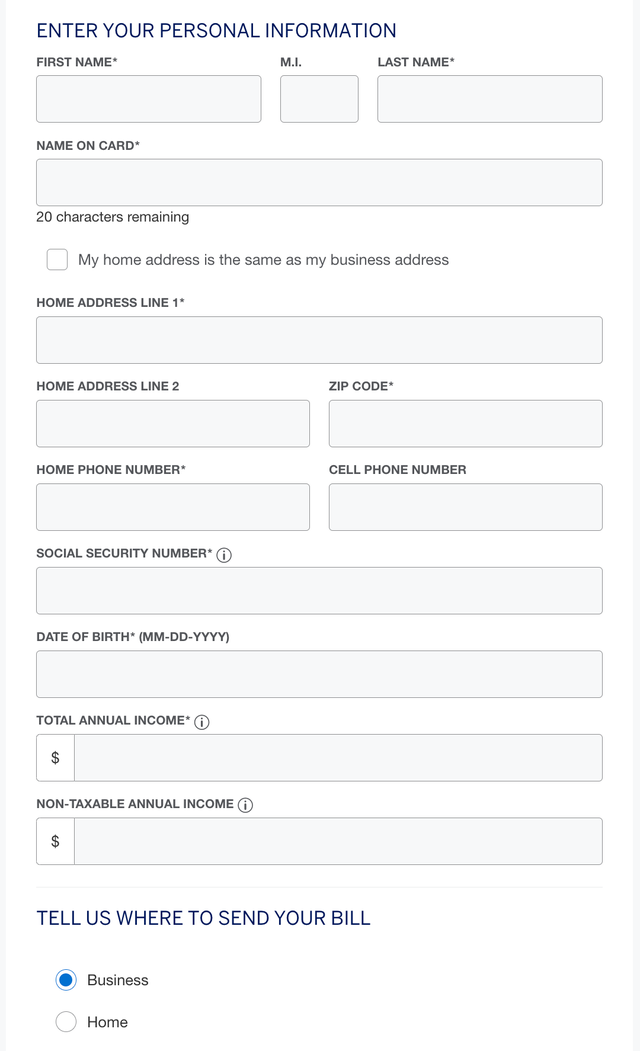 American Express Business Platinum application with fields for the applicant's personal information.