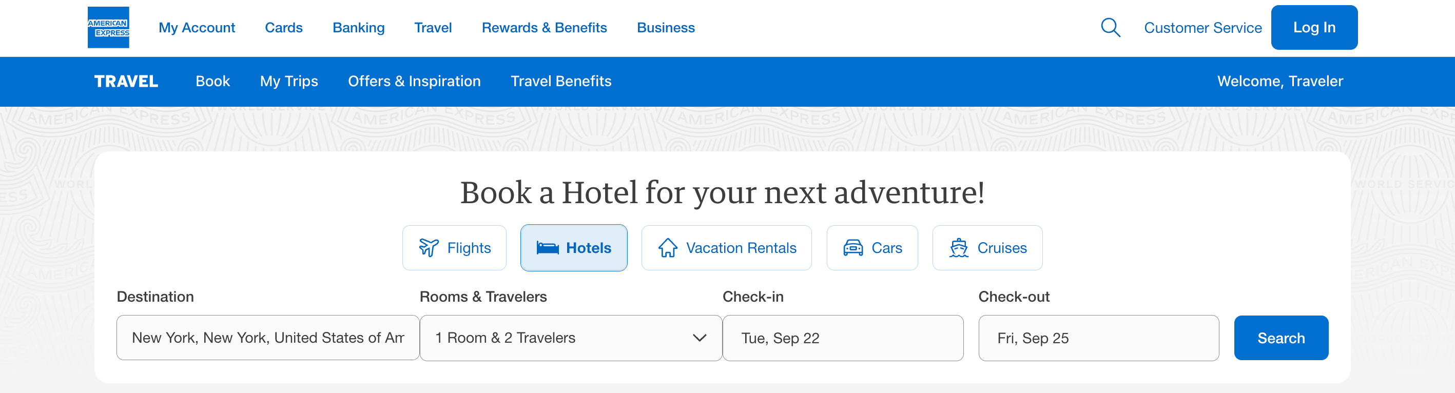 screenshot of American Express travel portal