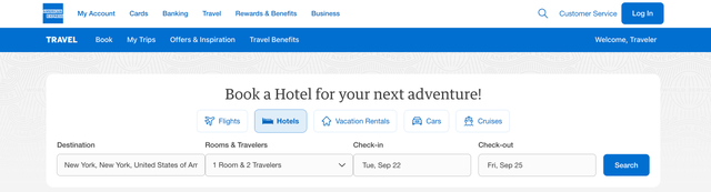 screenshot of American Express travel portal