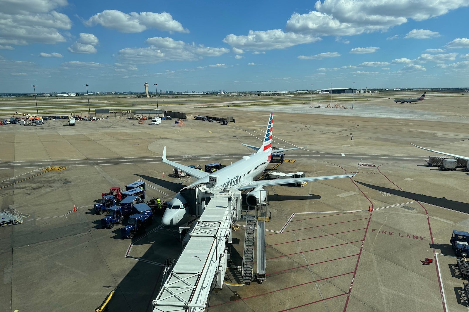 An American Airlines aircraft at Dallas Fort Worth International Airport (DFW).