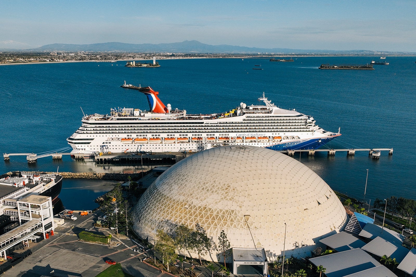 An aerial view of the Port of Long Beach at dusk Friday