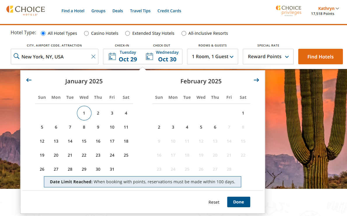 Choice 100 day award booking window