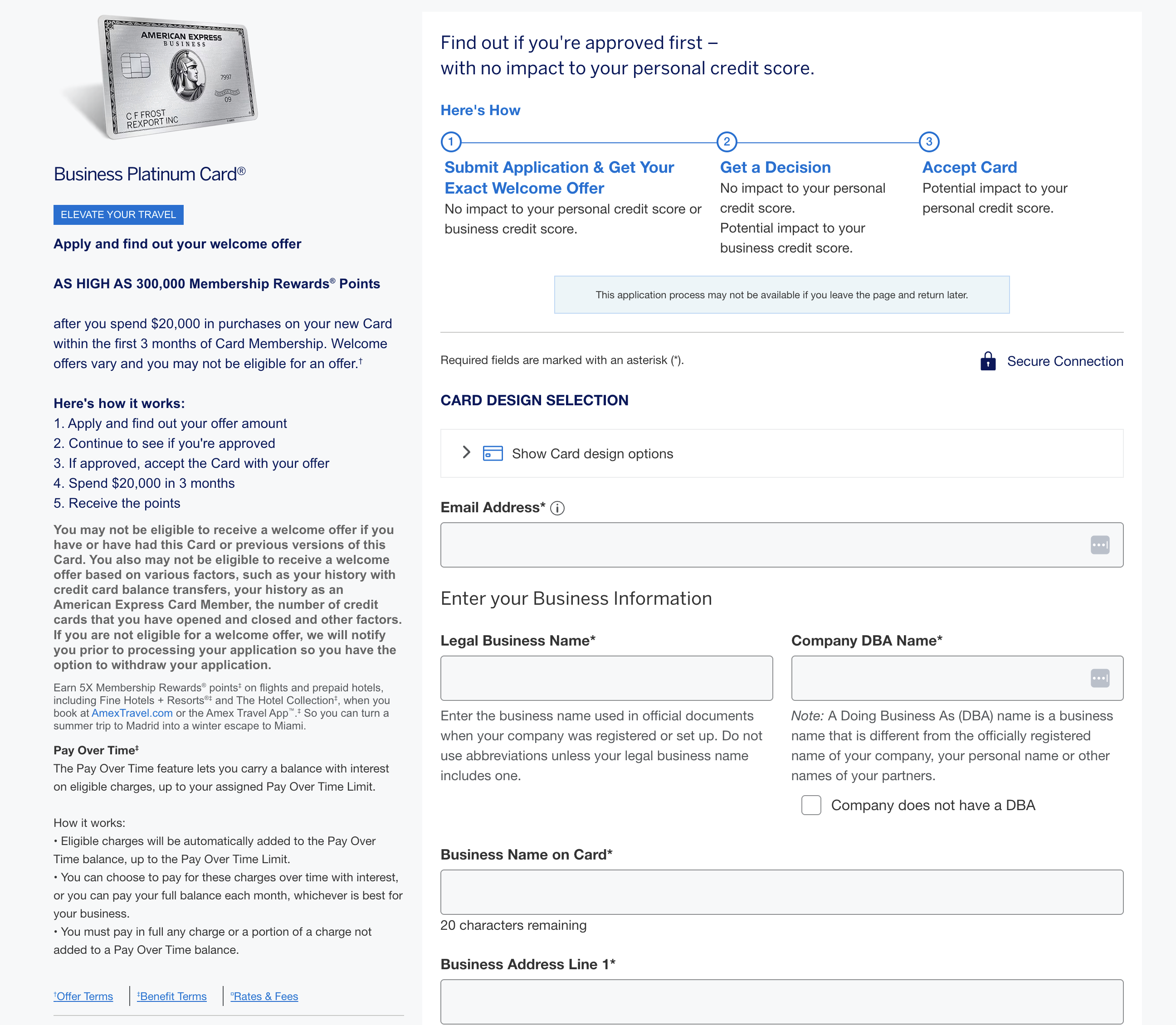 Amex Business Platinum application screenshot