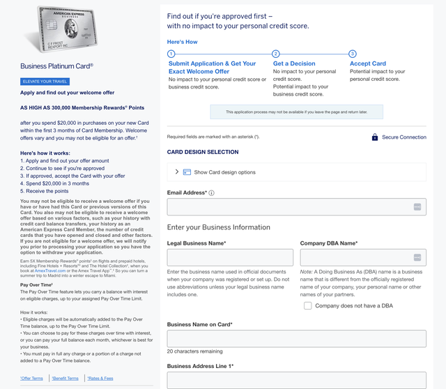 Amex Business Platinum application screenshot