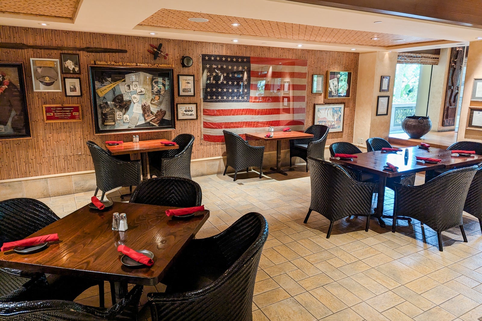 restaurant seating with American flag