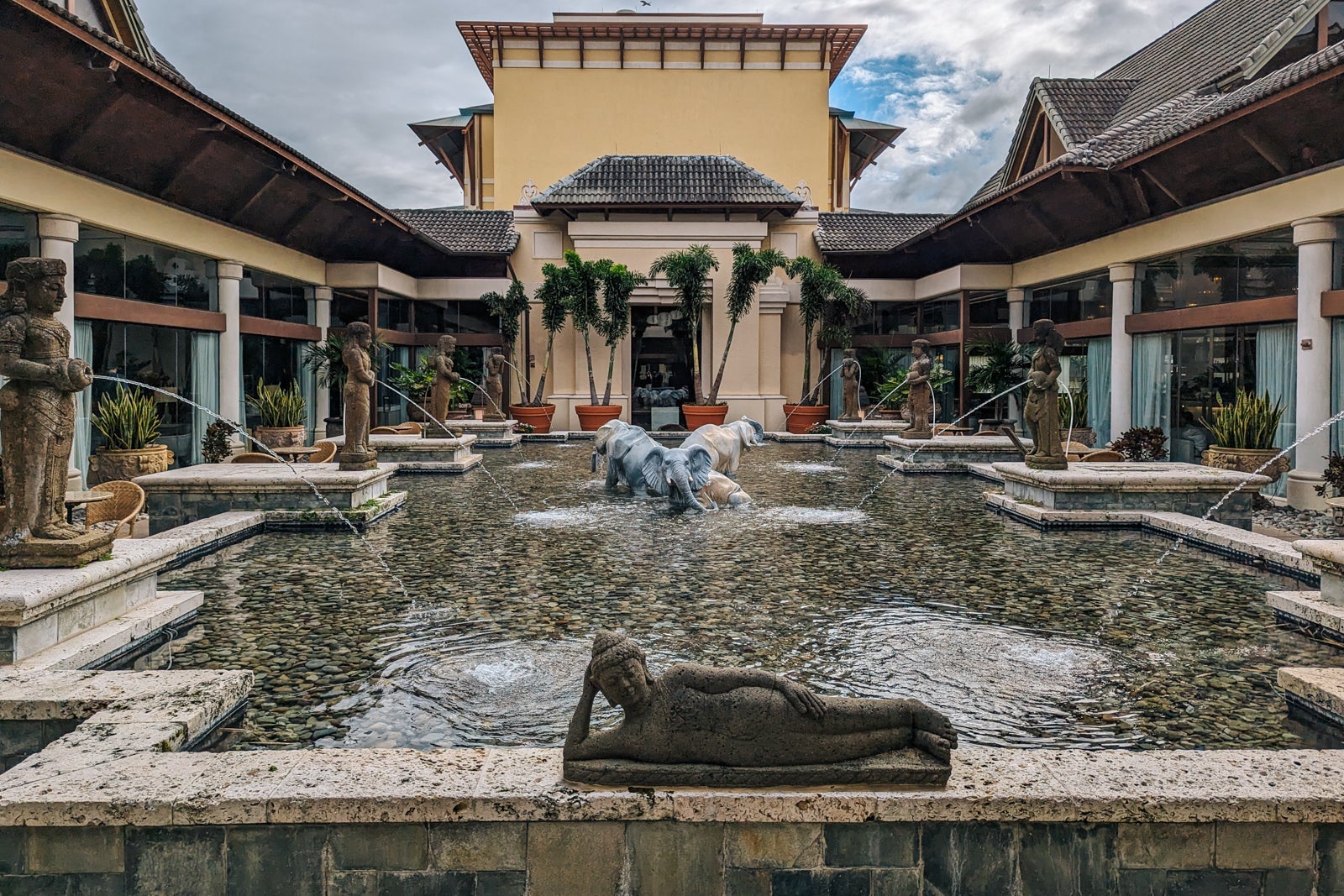 hotel courtyard with elephant fountains