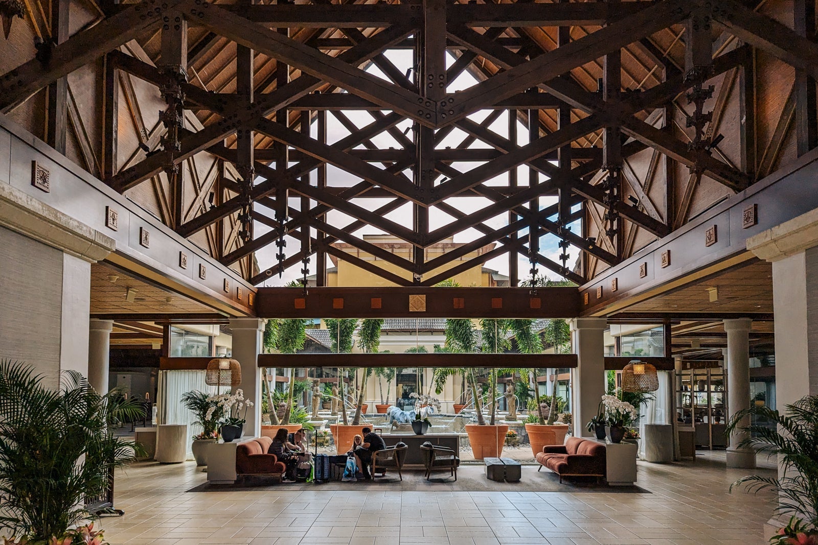 Hotel lobby with wooden beams