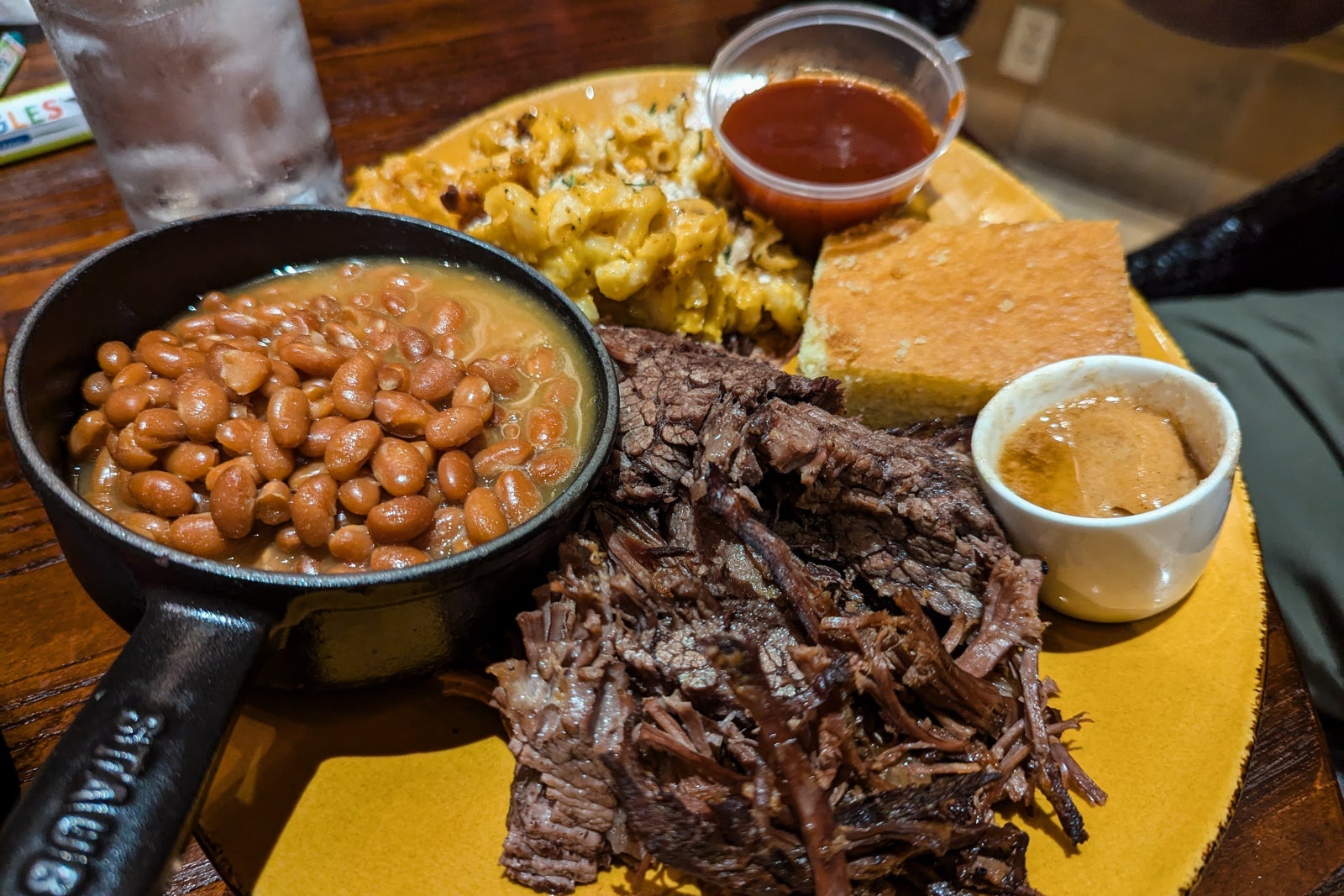 Brisket with beans, mac n cheese and cornbread