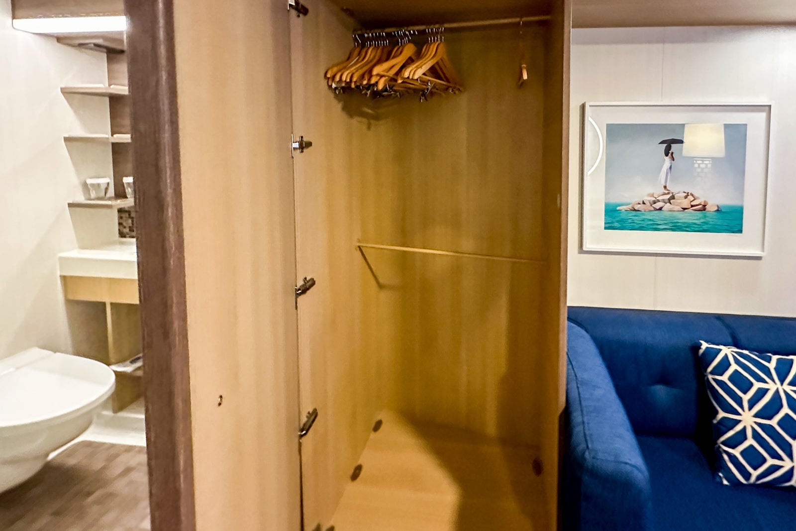 Closet space in a cruise ship cabin