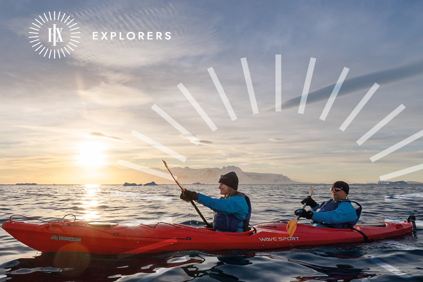 Two kayakers dressed in cold-weather gear as they paddle with the sun in the background and a graphic that reads HX Explorers