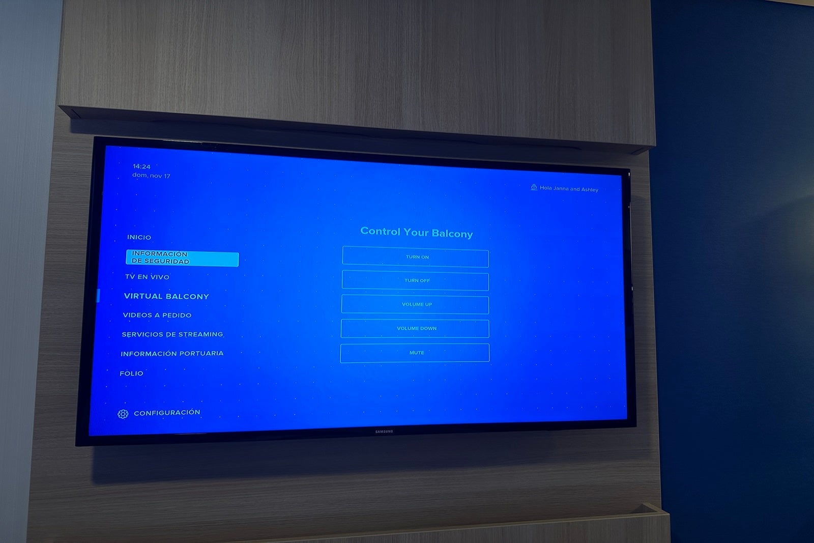 A TV screen with options for turning off a virtual balcony on a cruise ship