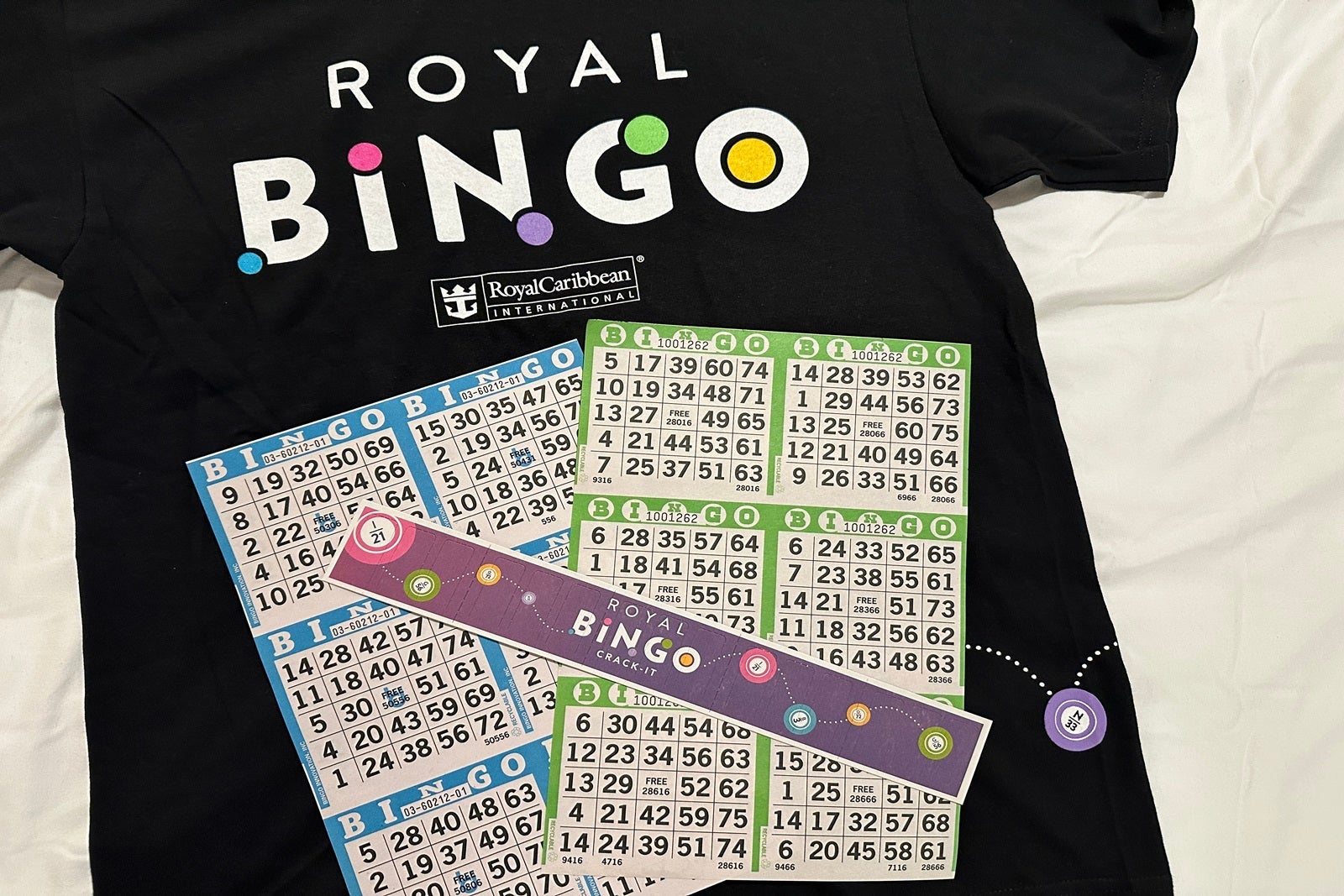 BINGO cards on a black T-shirt that reads "Royal BINGO"