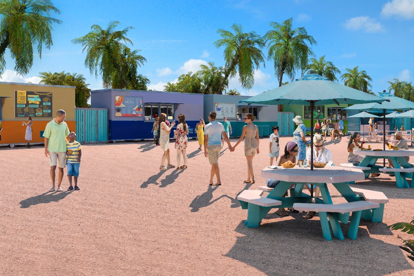 An artist's rendering of the food truck area of a cruise line's private island