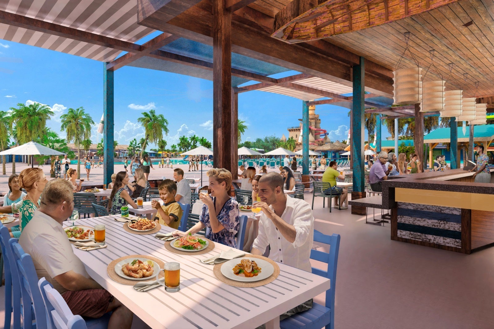 An artist's rendering of an outdoor grill restaurant on a cruise line's private island