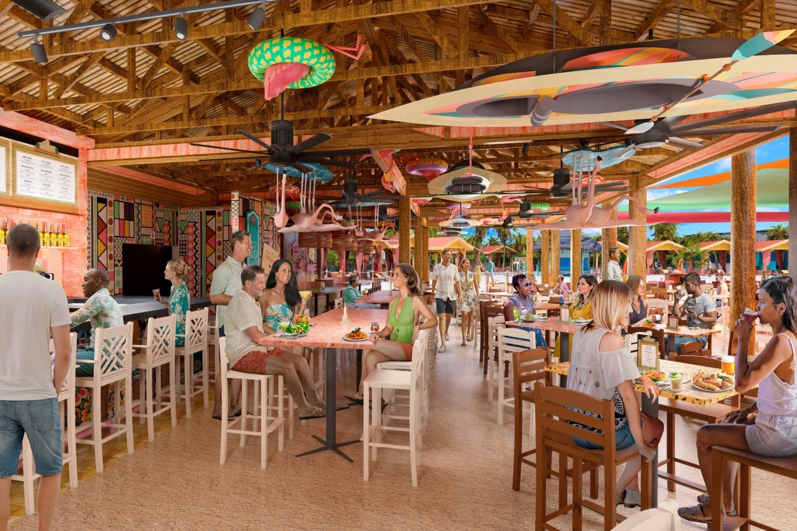 An artist's rendering of an open-air restaurant and bar at a cruise line's private island