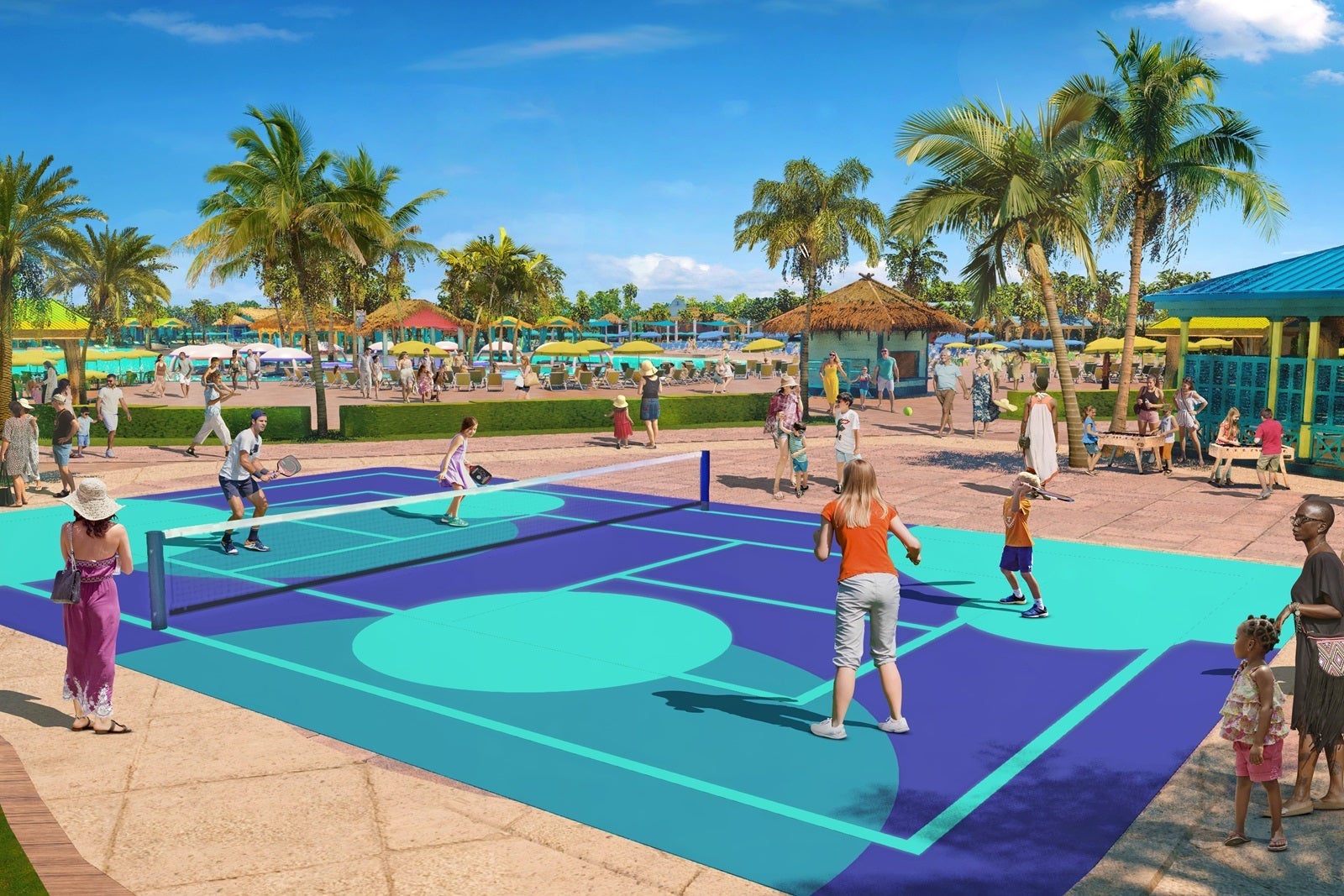An artist's rendering of a sports court on a cruise line's private island