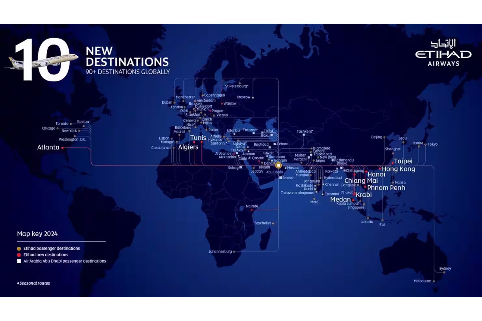 Etihad route map highlighting new destinations.