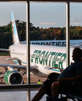 Frontier Airlines plane seen at Cancun International Airport. On Wednesday, December 08, 2021, in Cancun International Airport, Cancun, Quintana Roo, Mexico.