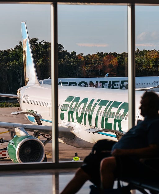 Frontier Airlines plane seen at Cancun International Airport. On Wednesday, December 08, 2021, in Cancun International Airport, Cancun, Quintana Roo, Mexico.