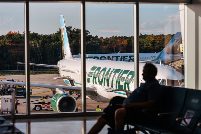 Frontier Airlines plane seen at Cancun International Airport. On Wednesday, December 08, 2021, in Cancun International Airport, Cancun, Quintana Roo, Mexico.