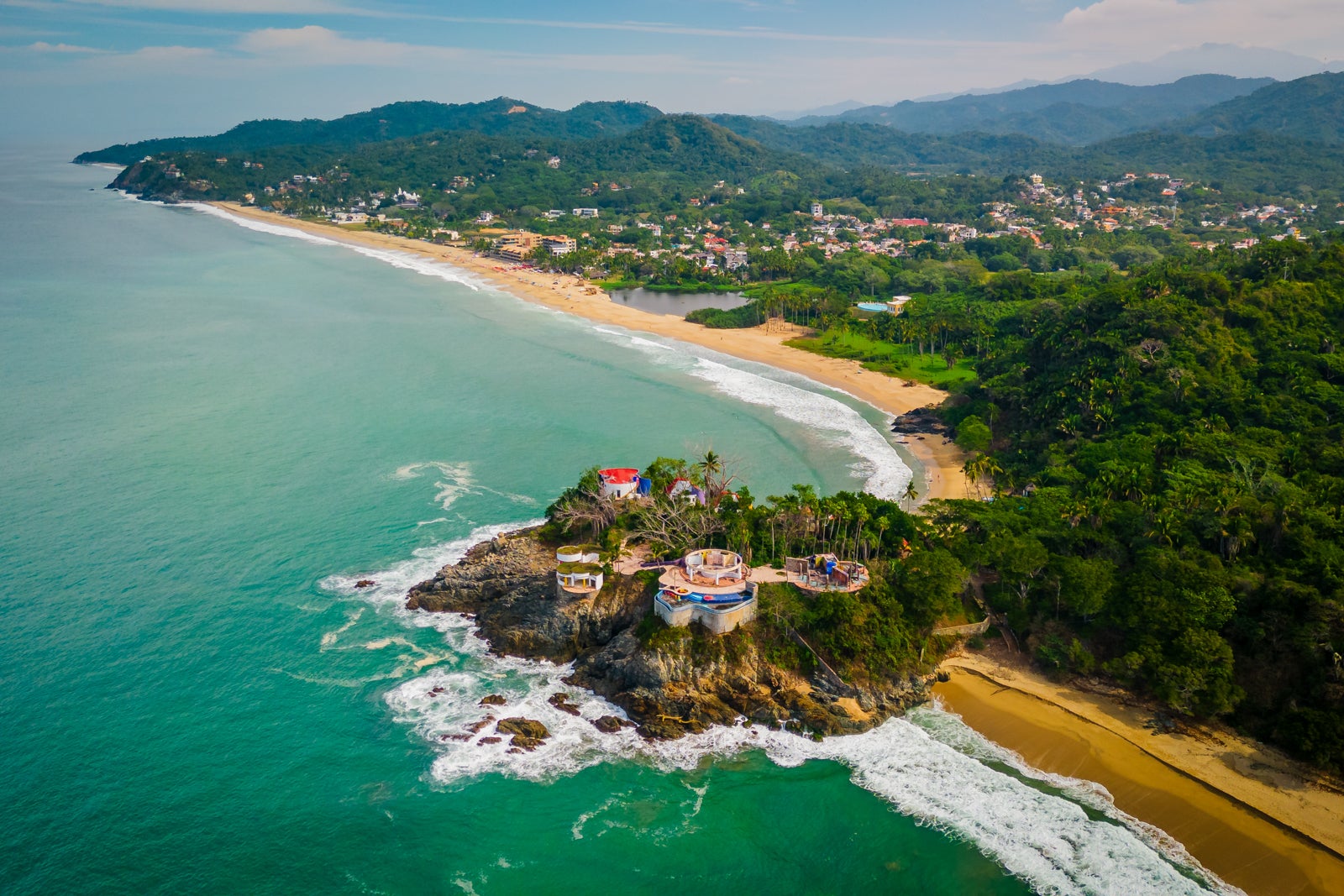 Aerial of riviera Nayarit in Mexico Pacific Ocean surf spot at sunset
