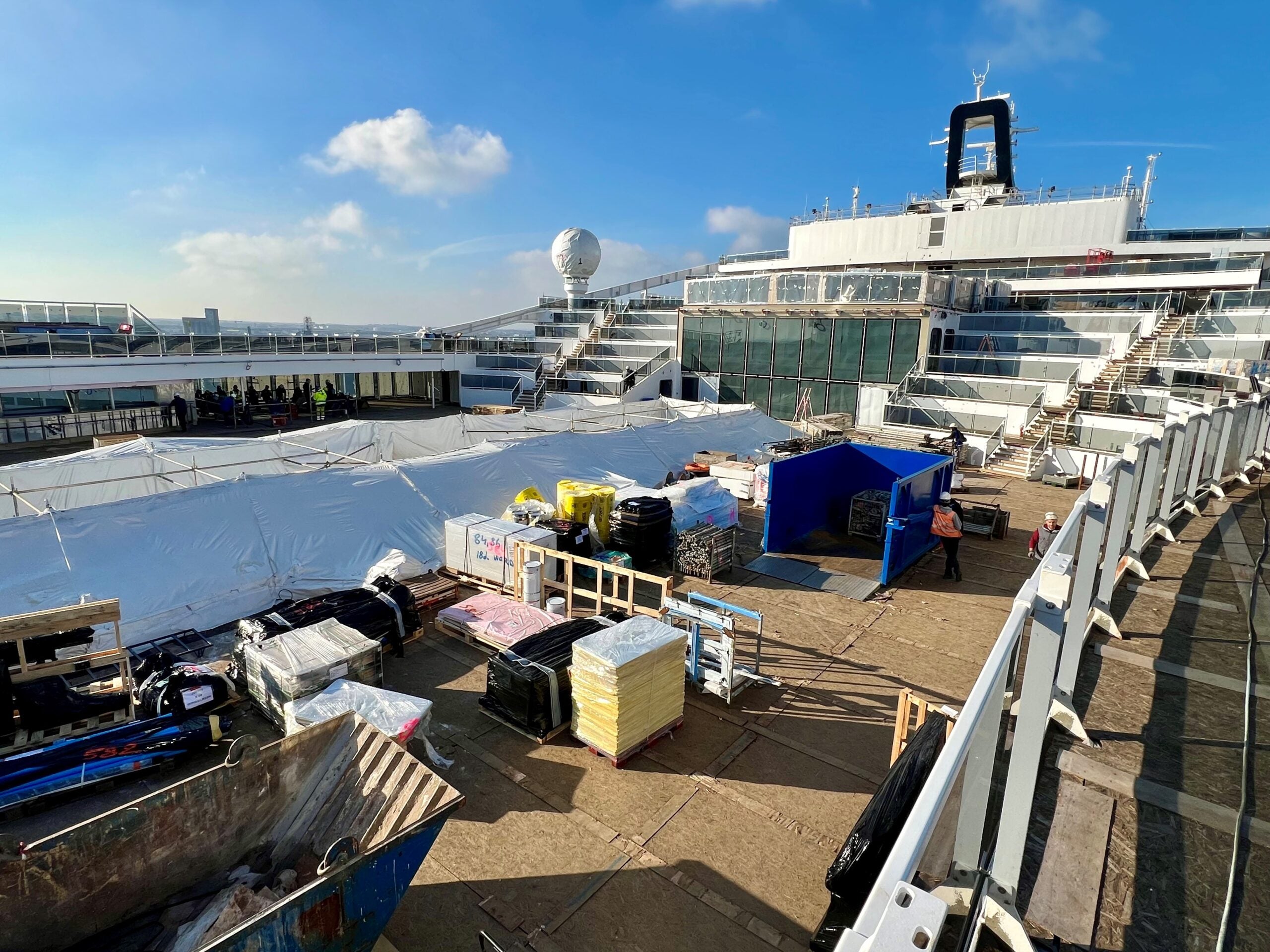 The main pool on MSC World America under construction.