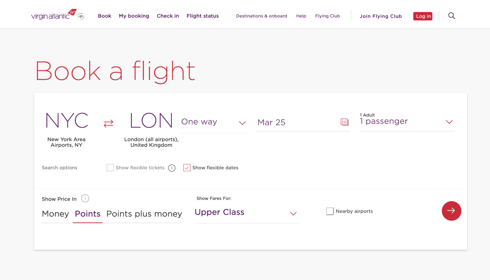 Screenshot of Virgin Atlantic's search functionality