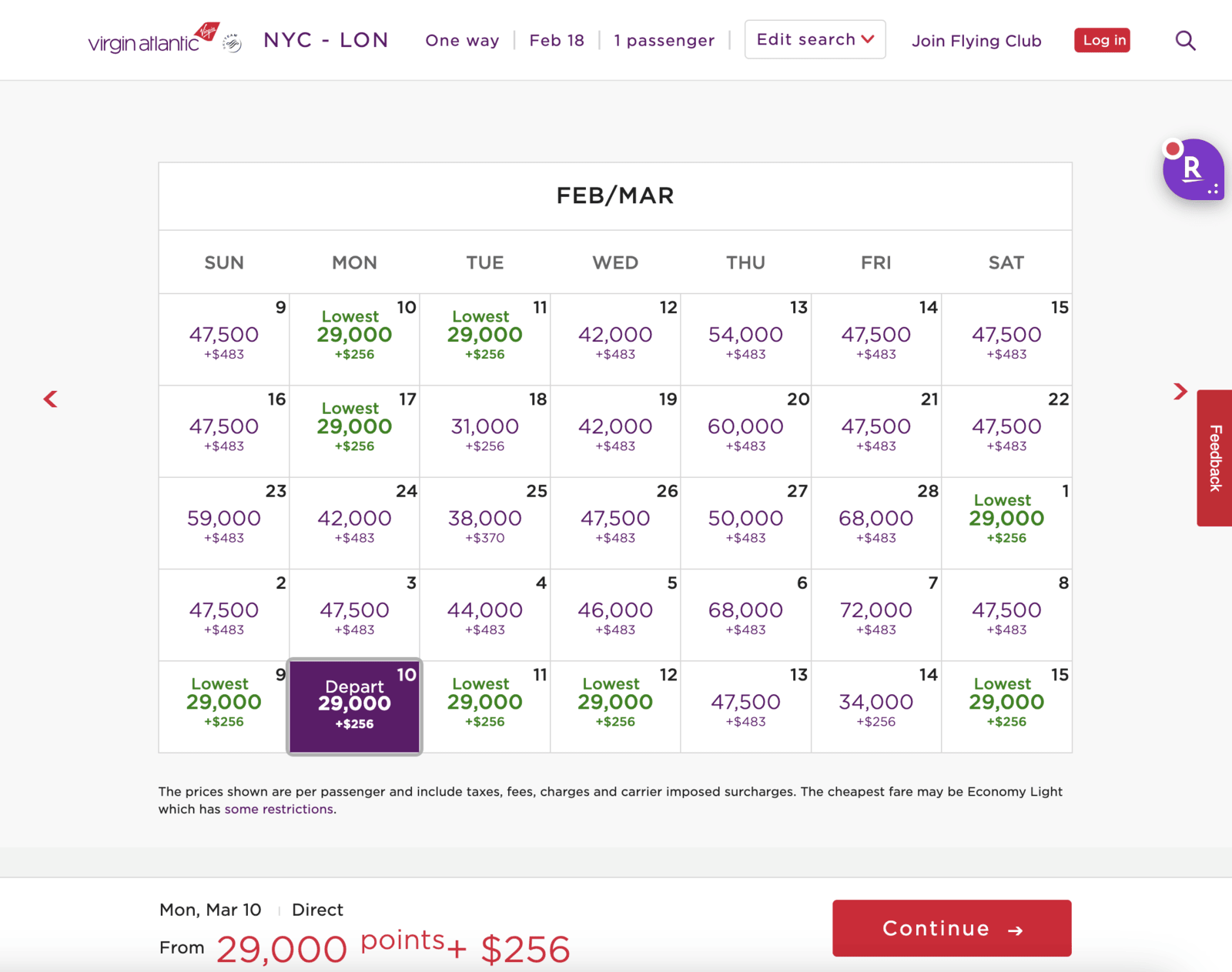 Upper Class award availability calendar on Virgin Atlantic's website for February and March 2025