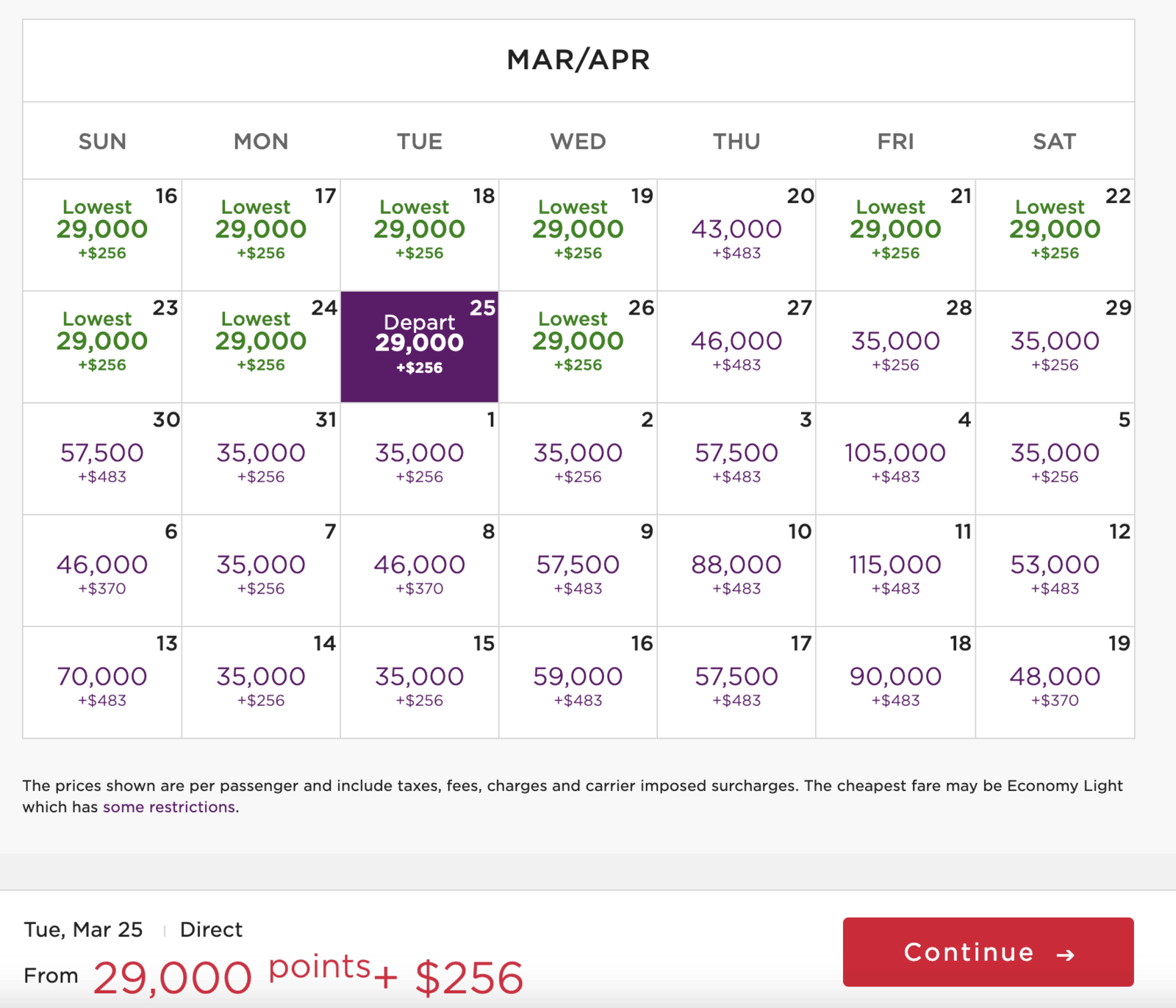Upper Class award availability calendar on Virgin Atlantic's website for March and April 2025