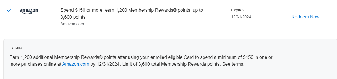 screenshot from amex website