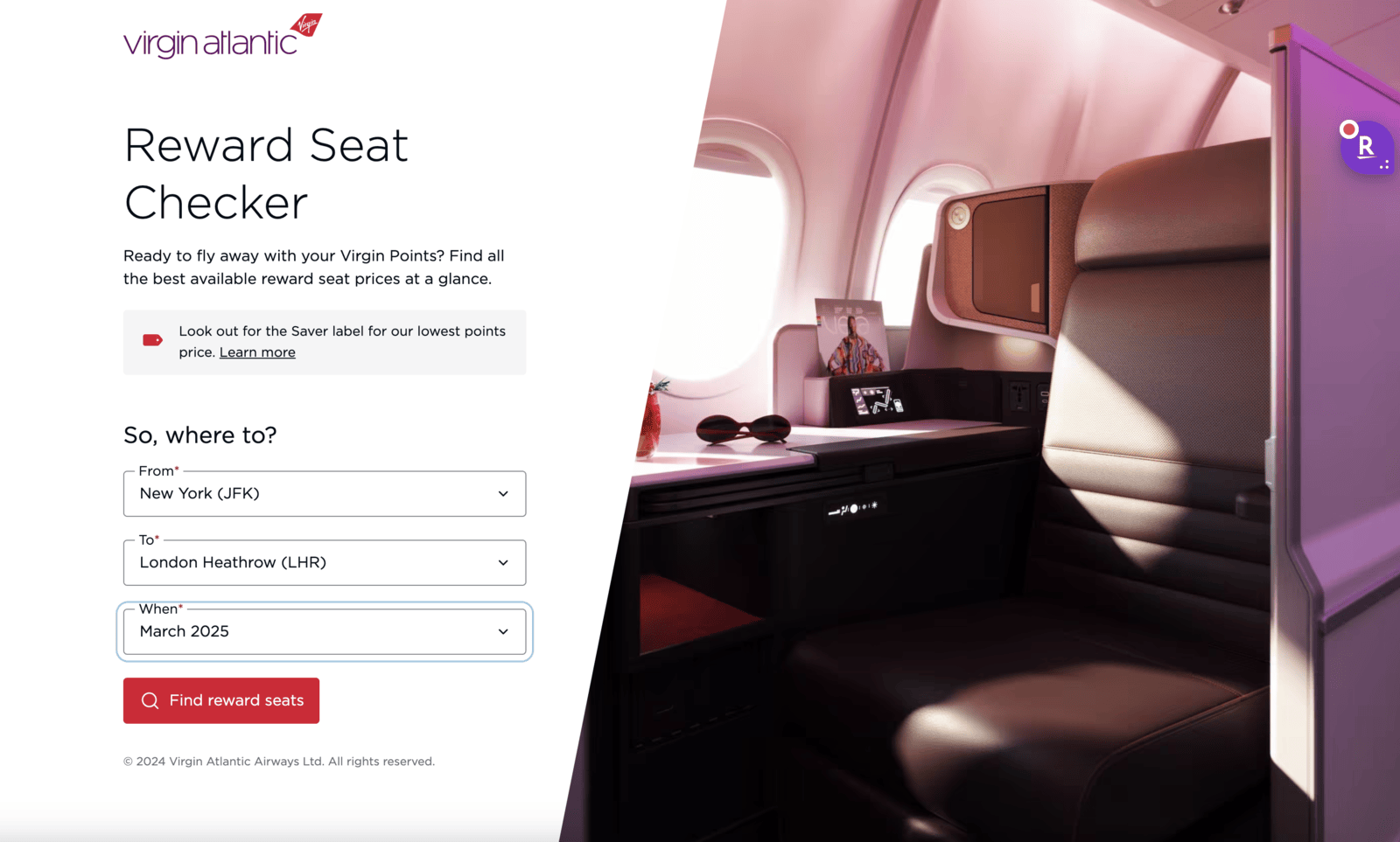 Screenshot of Virgin Atlantic's Reward Seat Checker