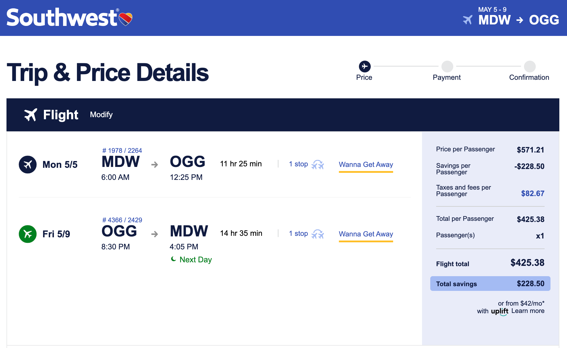 southwest flight from mdw