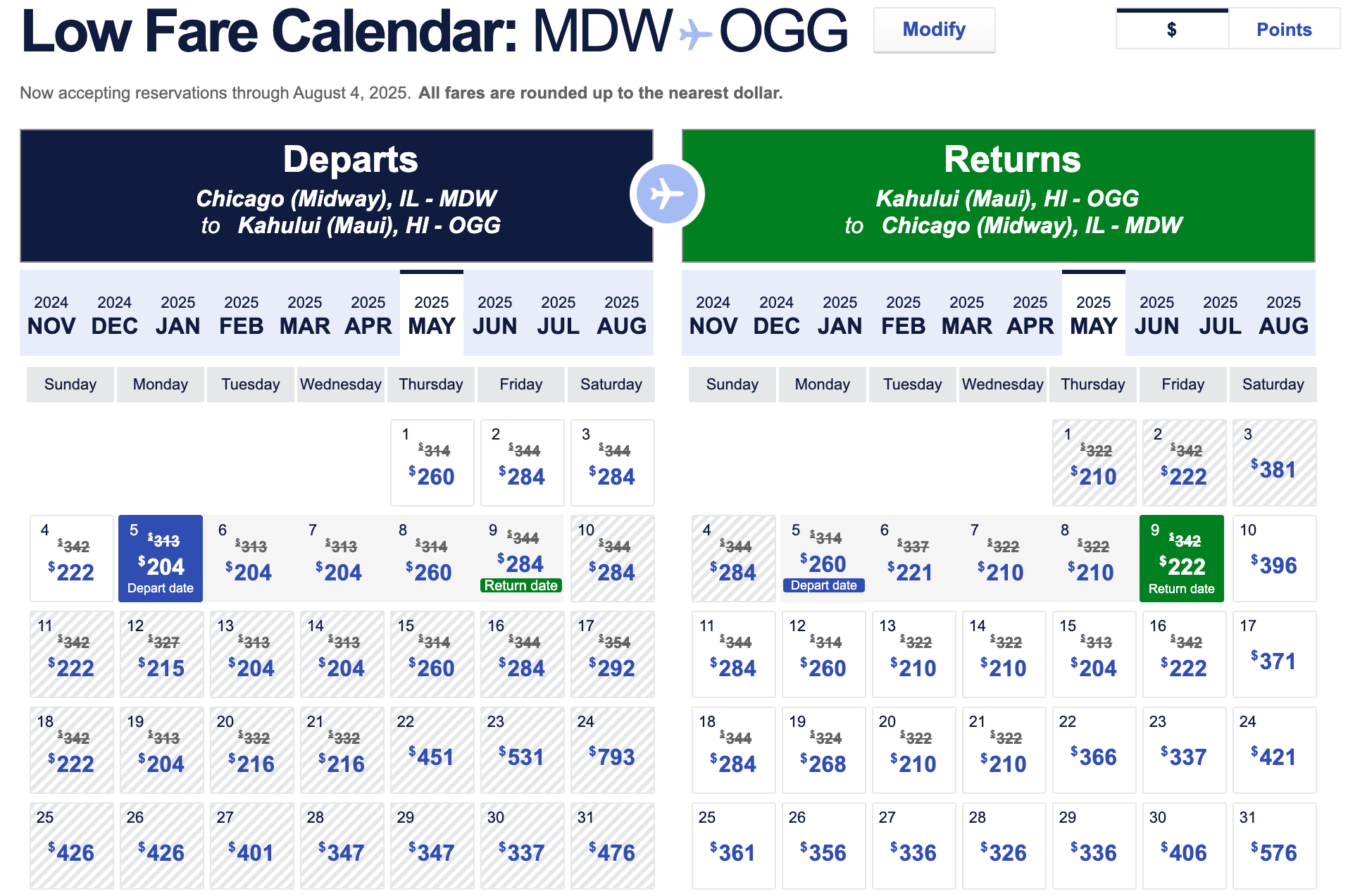 low fare calendar