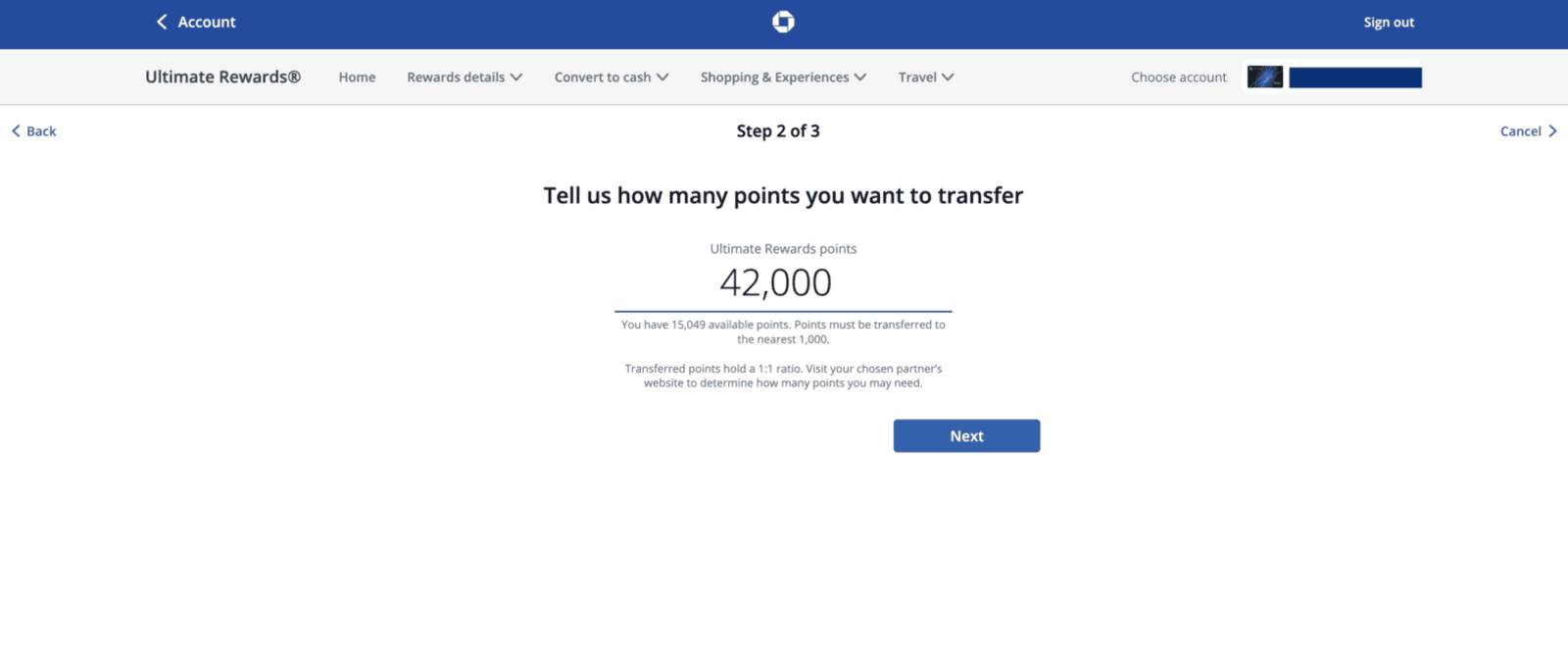 Screenshot of Chase transfer process to Virgin Atlantic