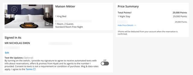 A one-night stay at Maison Metier in New Orleans using Hyatt points