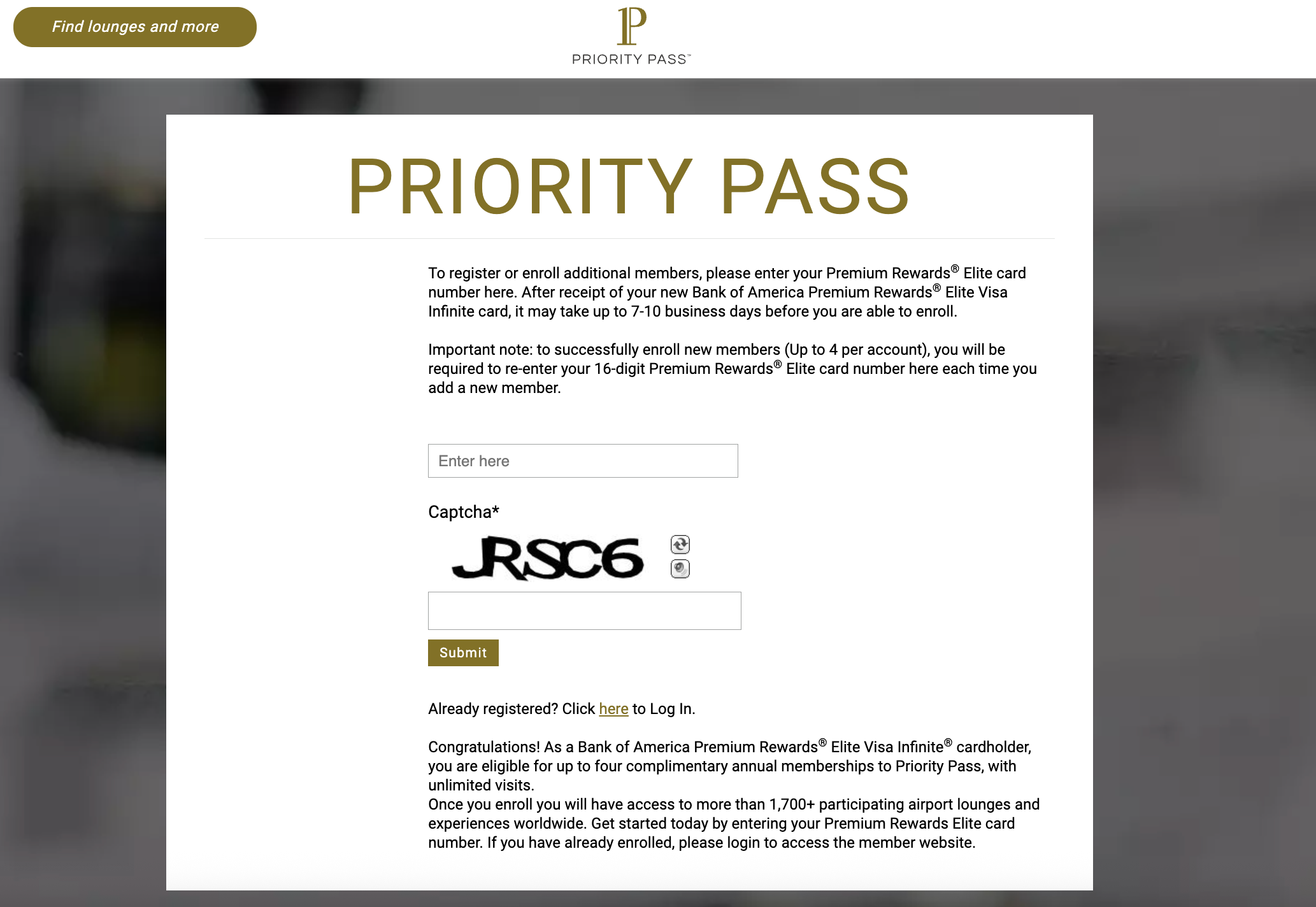 Bank of America Premium Elite Priority Pass entollment page
