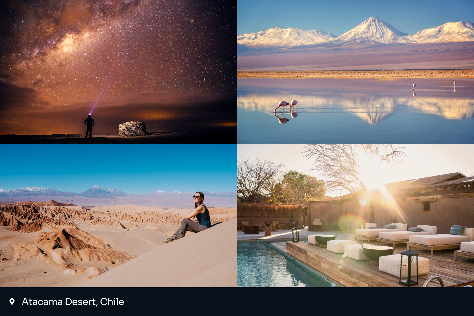 best places to travel 2025: collage of four images from Atacama Desert, Chile