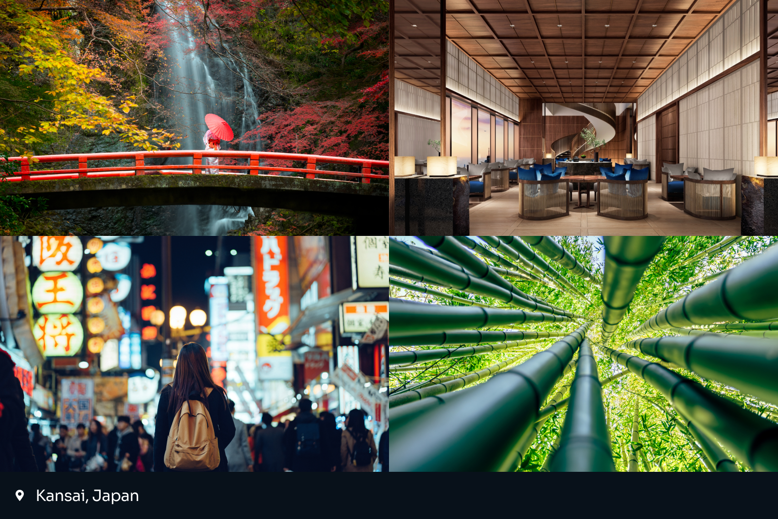 best places to travel 2025: collage of four images from Kansai, Japan