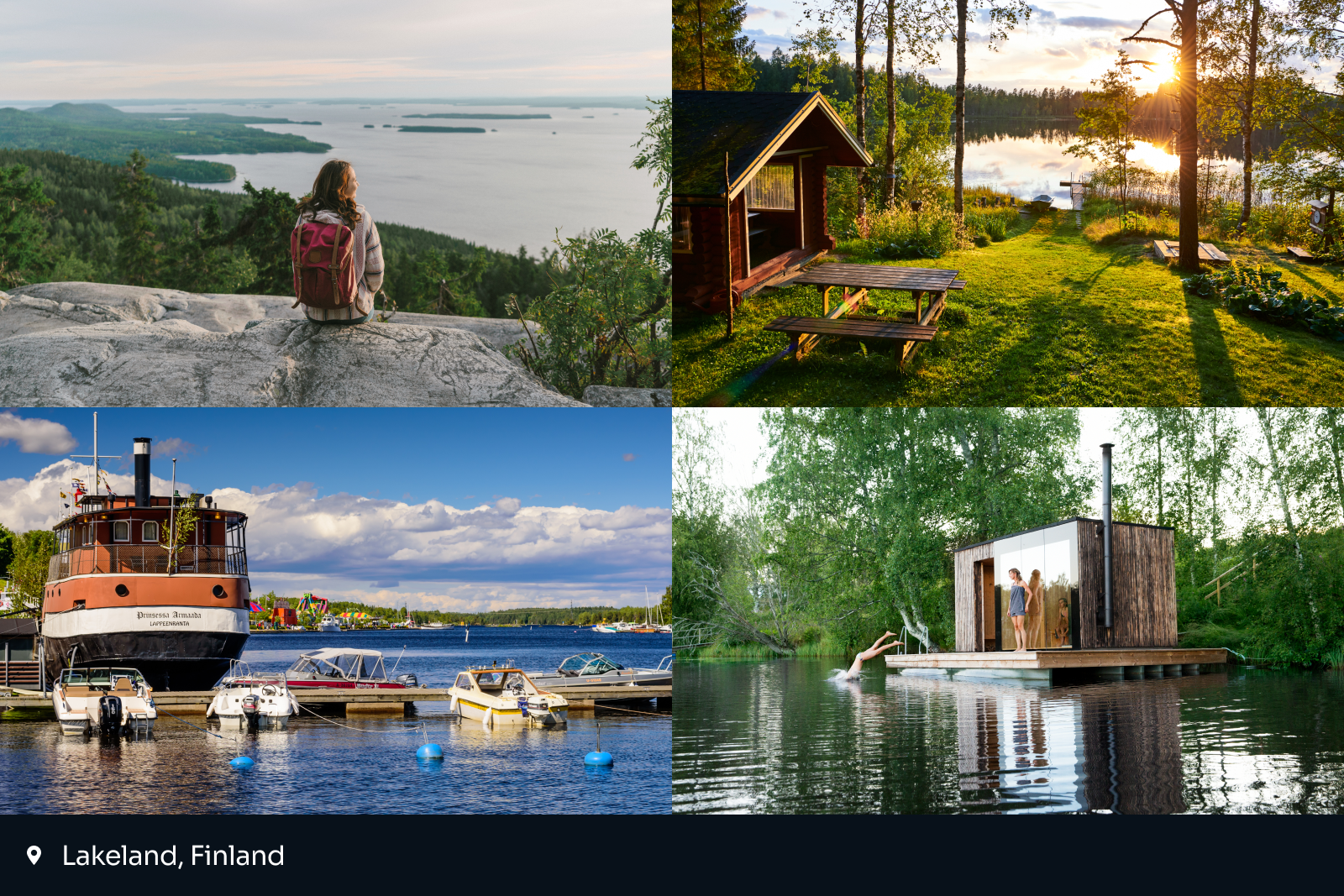 best places to travel 2025: collage of four images from Lakeland, Finland