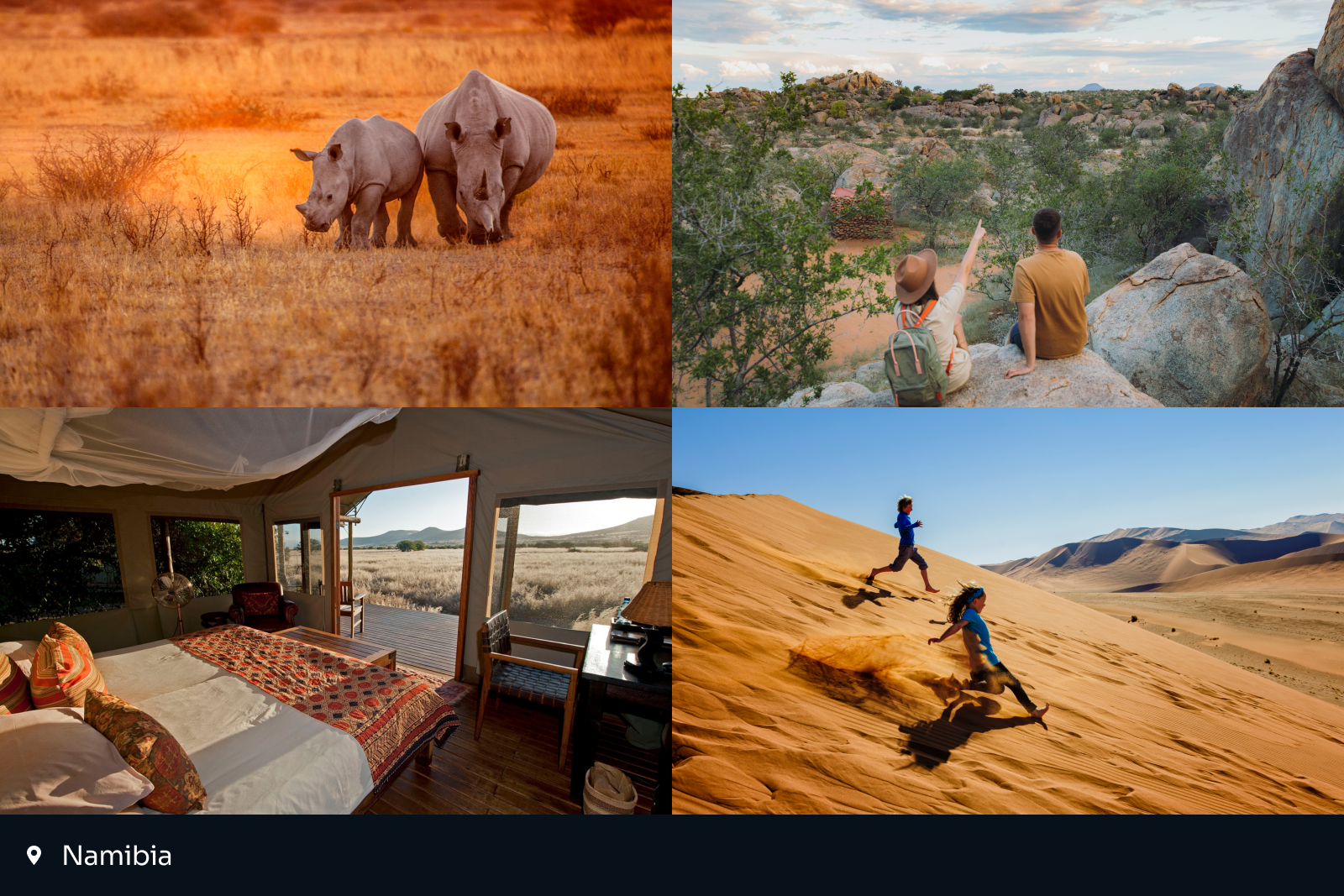 best places to travel 2025: collage of four images from Namibia