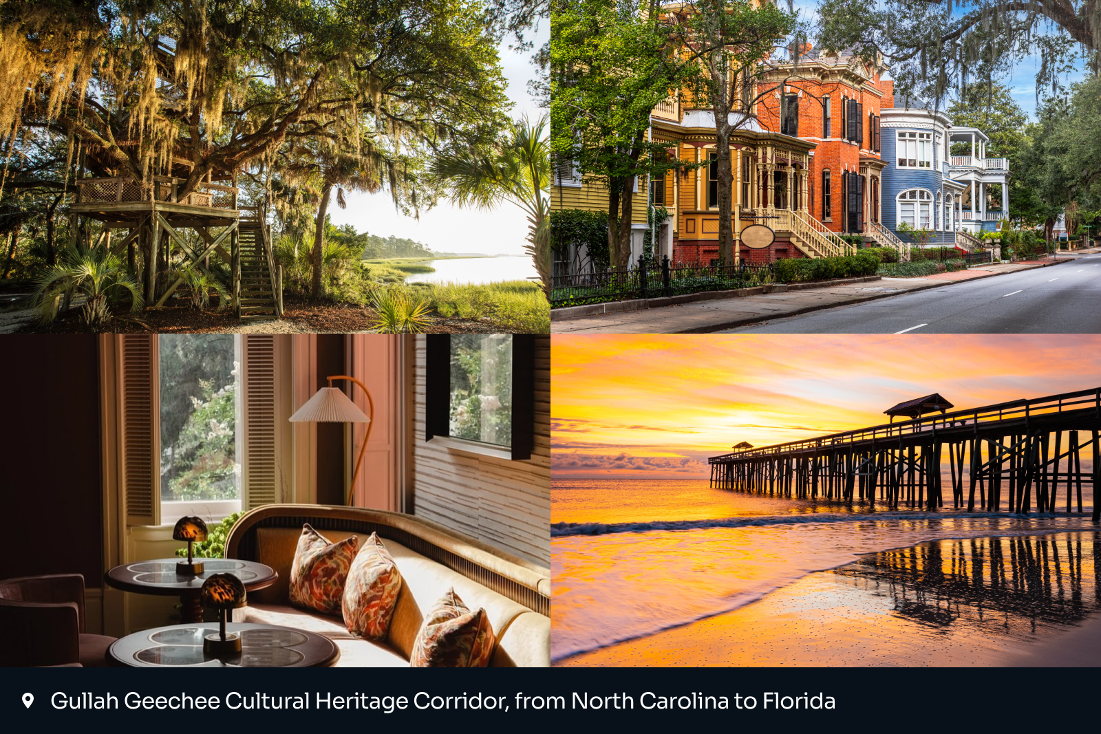 best places to travel 2025: collage of four images from Gullah Geechee Cordior
