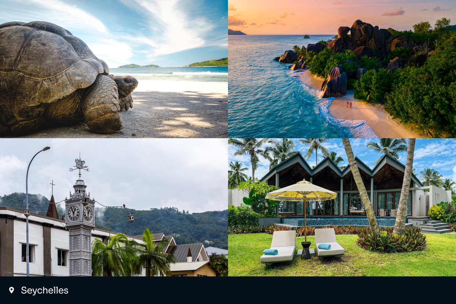 best places to travel 2025: collage of four images from Seychelles