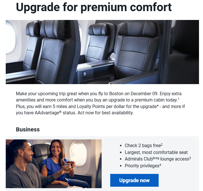 Upgrade offer email from American Airlines
