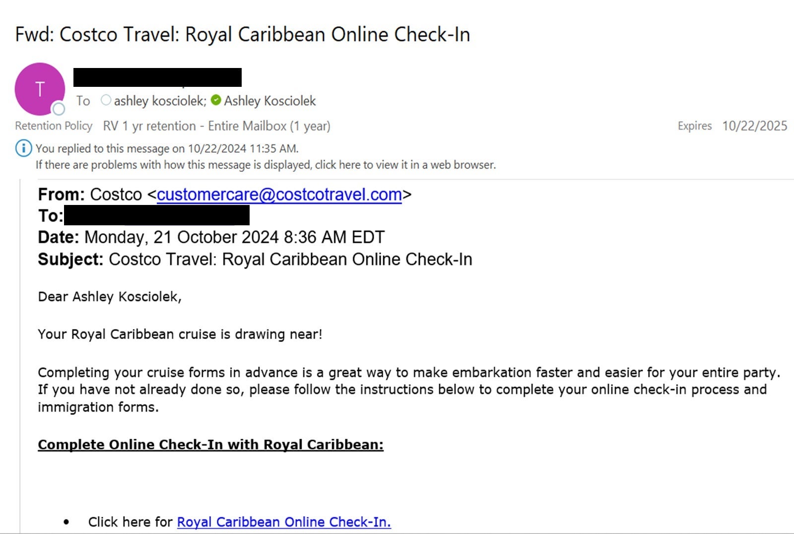 An e-mail minder about cruise check-in