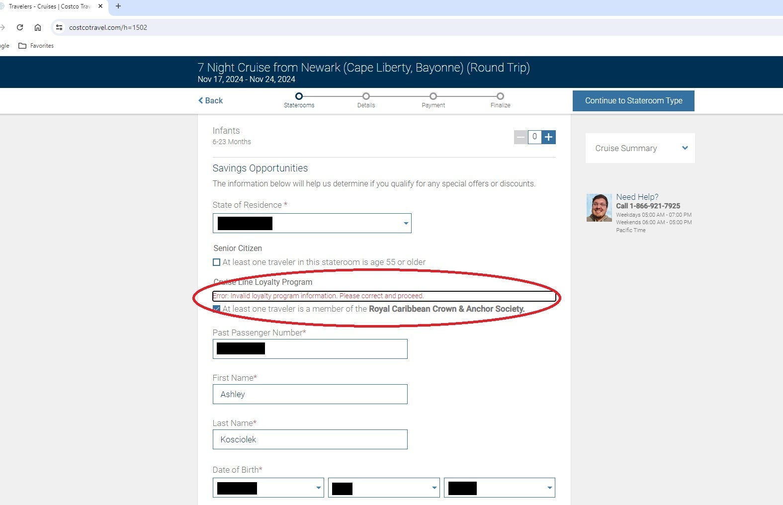An online booking form for a cruise, showing an error