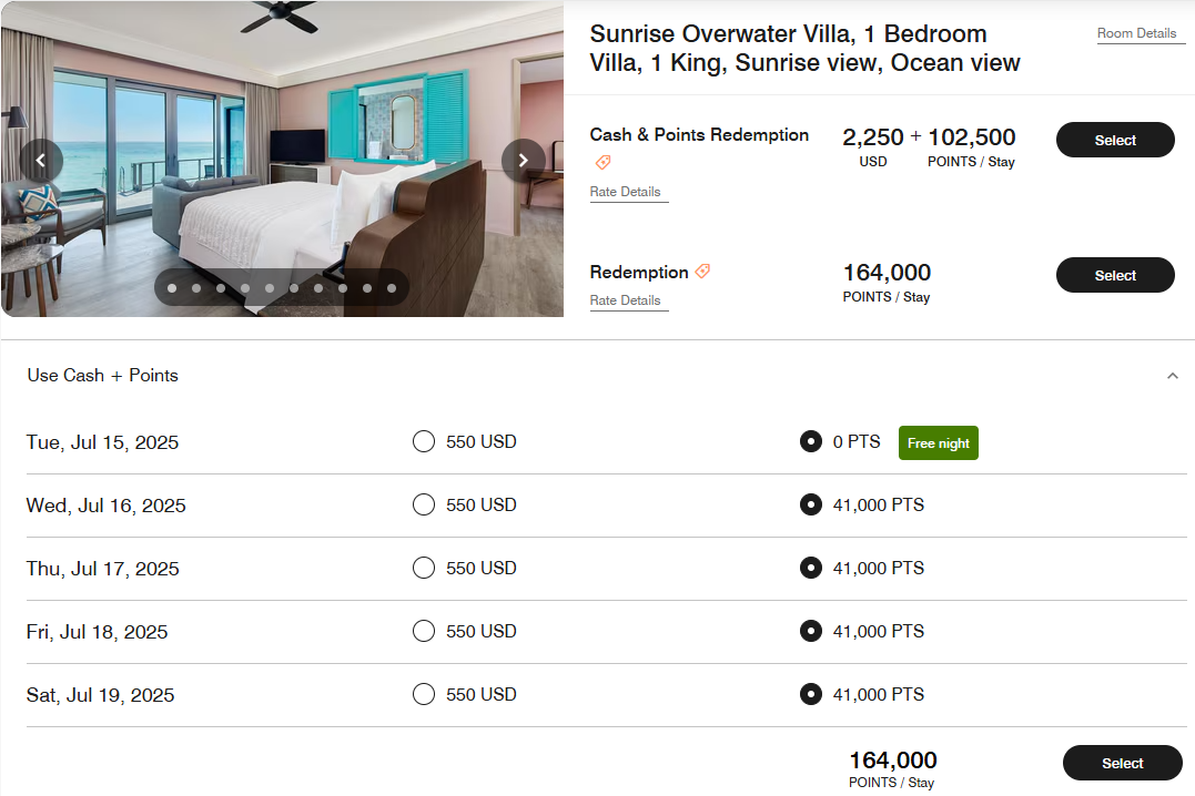 Example award search at the Le Meridien Maldives