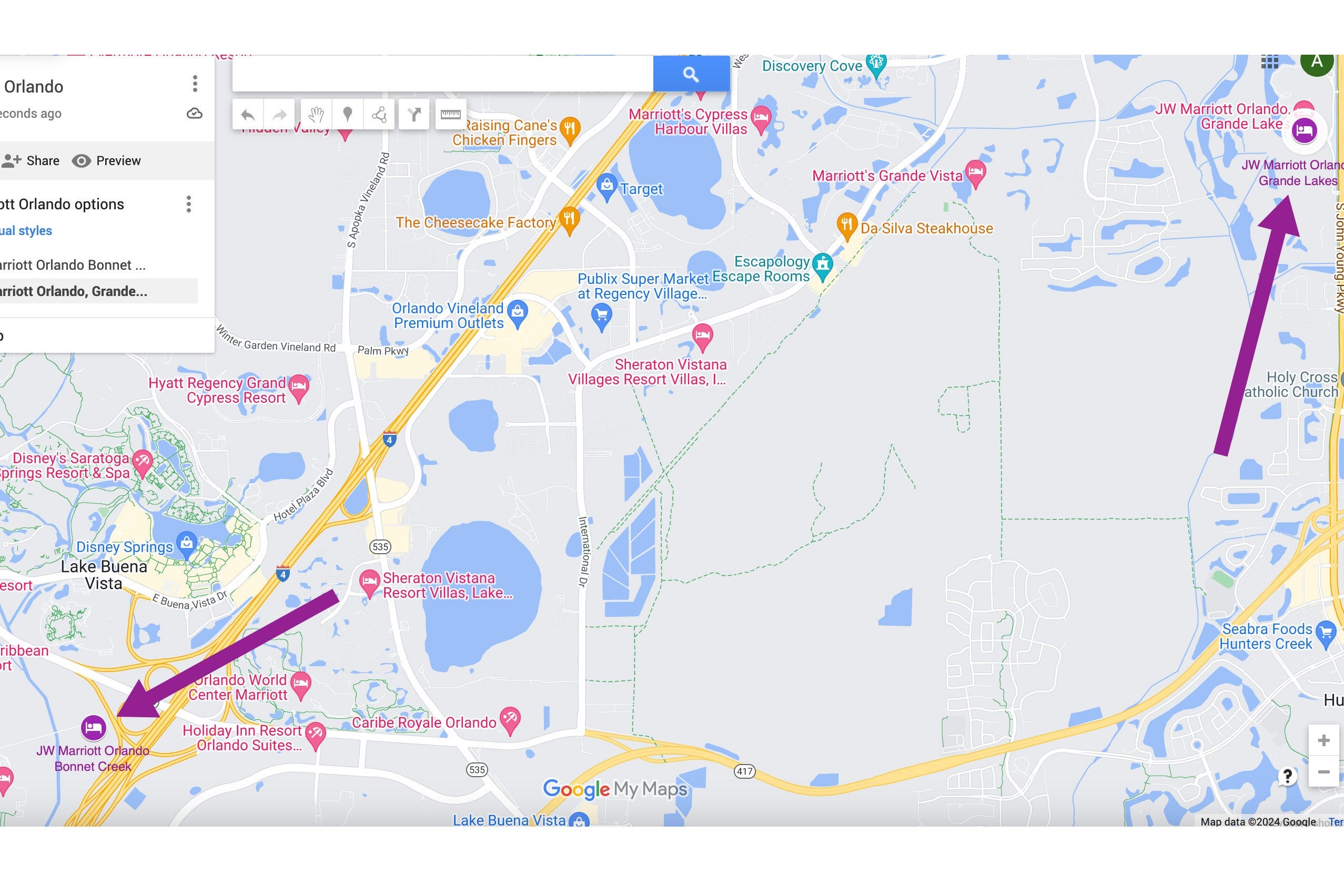 map of JW Marriott Orlando Bonnet Creek and Grande Lakes in relation to each other