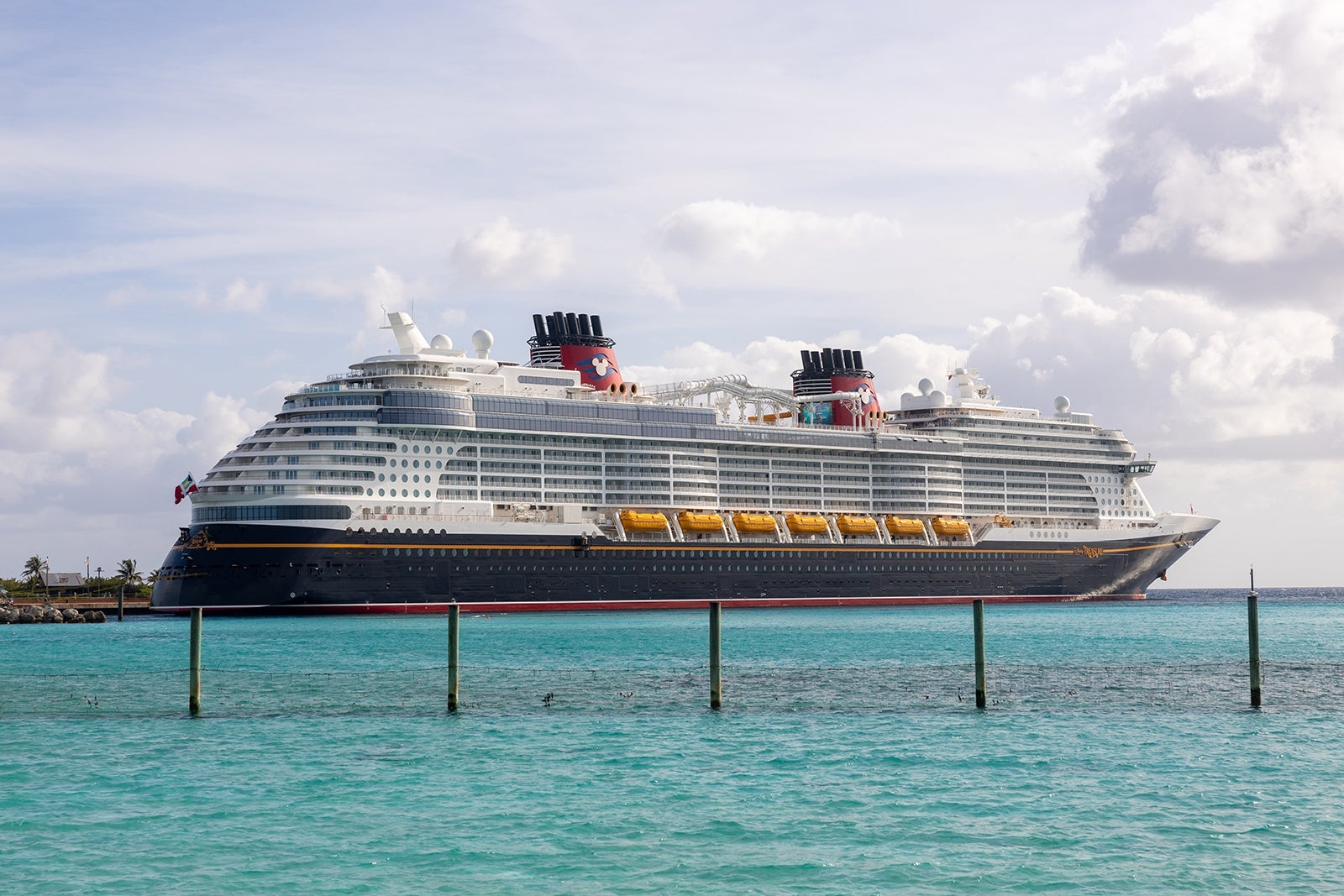 Disney Treasure cruise ship docked at Castaway Cay, Bahamas